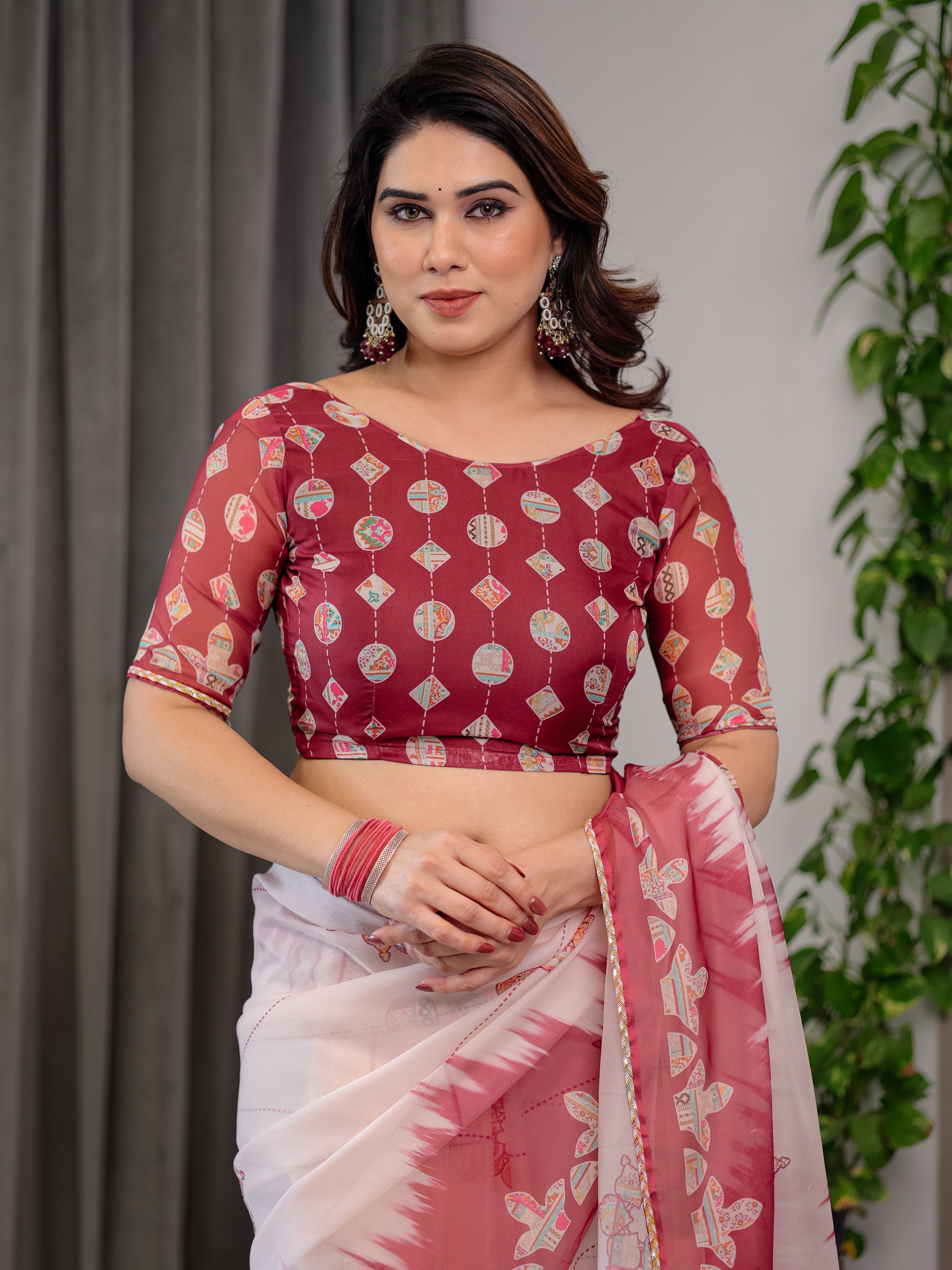 Elegant Wine Red & Ivory Printed Pure Organza Saree with Multicolor Lace Border and Artistic Motif Print | Designer Sheer Organza Saree with Attached Blouse | Festive & Occasion Wear