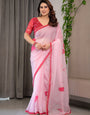 Blush Pink Floral Printed Organza Saree with Red Multicolour Lace Border | Lightweight Designer Organza Saree with Attached Blouse Piece | Elegant Festive & Party Wear Saree