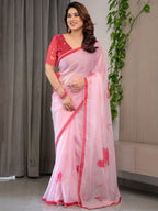 Blush Pink Floral Printed Organza Saree with Red Multicolour Lace Border | Lightweight Designer Organza Saree with Attached Blouse Piece | Elegant Festive & Party Wear Saree