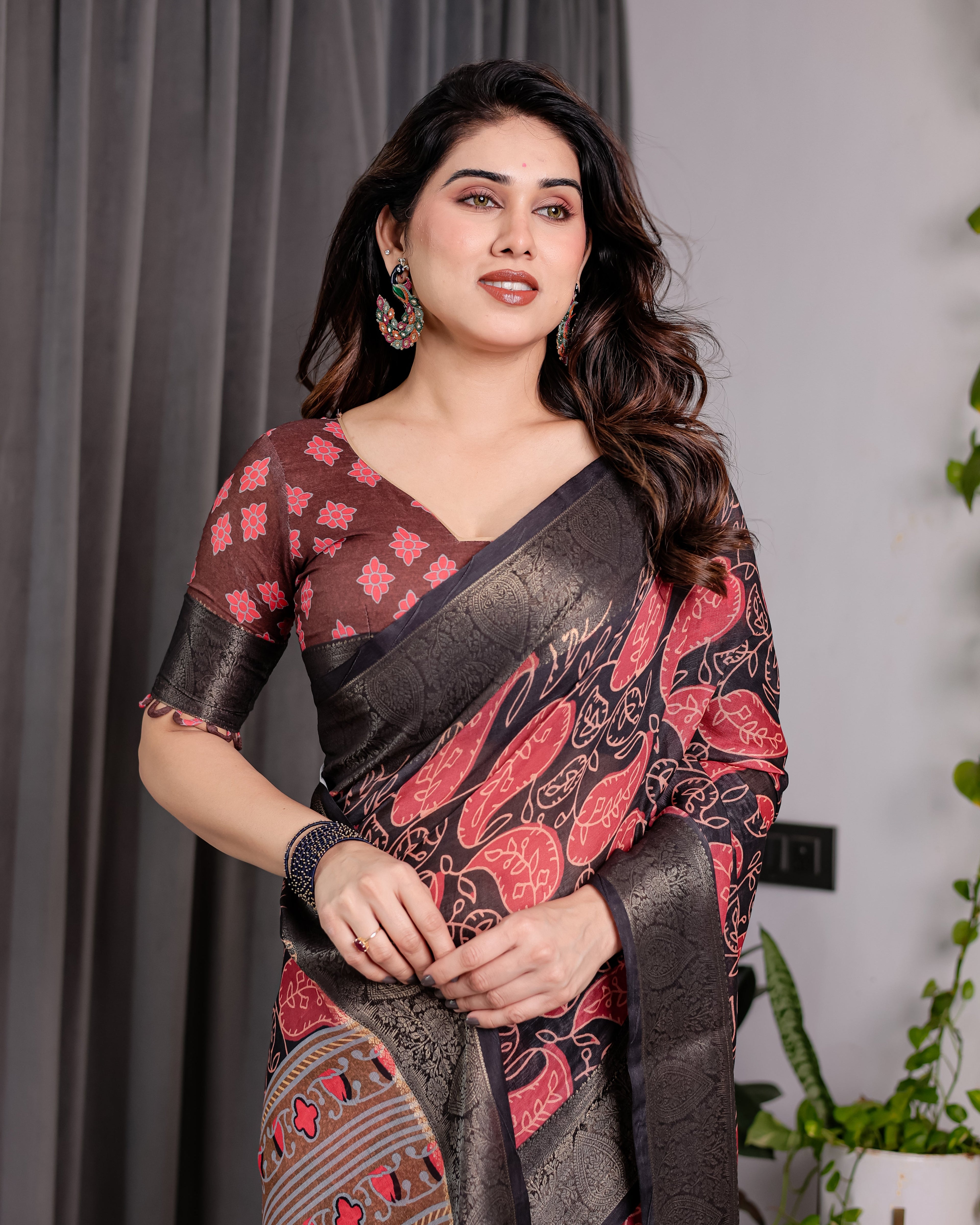 Black & Rust Red Handloom Linen Saree with Heart Floral Print & Striped Ethnic Pallu | Antique Zari Border & Tassel Detailing | Attached Blouse | 5.5m Saree + 0.8m Blouse