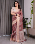 Maroon Handloom Linen Saree with White Floral Prints & Circular Mandala Pallu | Zari Border | 5.5m Saree + 0.8m Blouse with Tassels