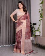 Maroon Handloom Linen Saree with White Floral Prints & Circular Mandala Pallu | Zari Border | 5.5m Saree + 0.8m Blouse with Tassels