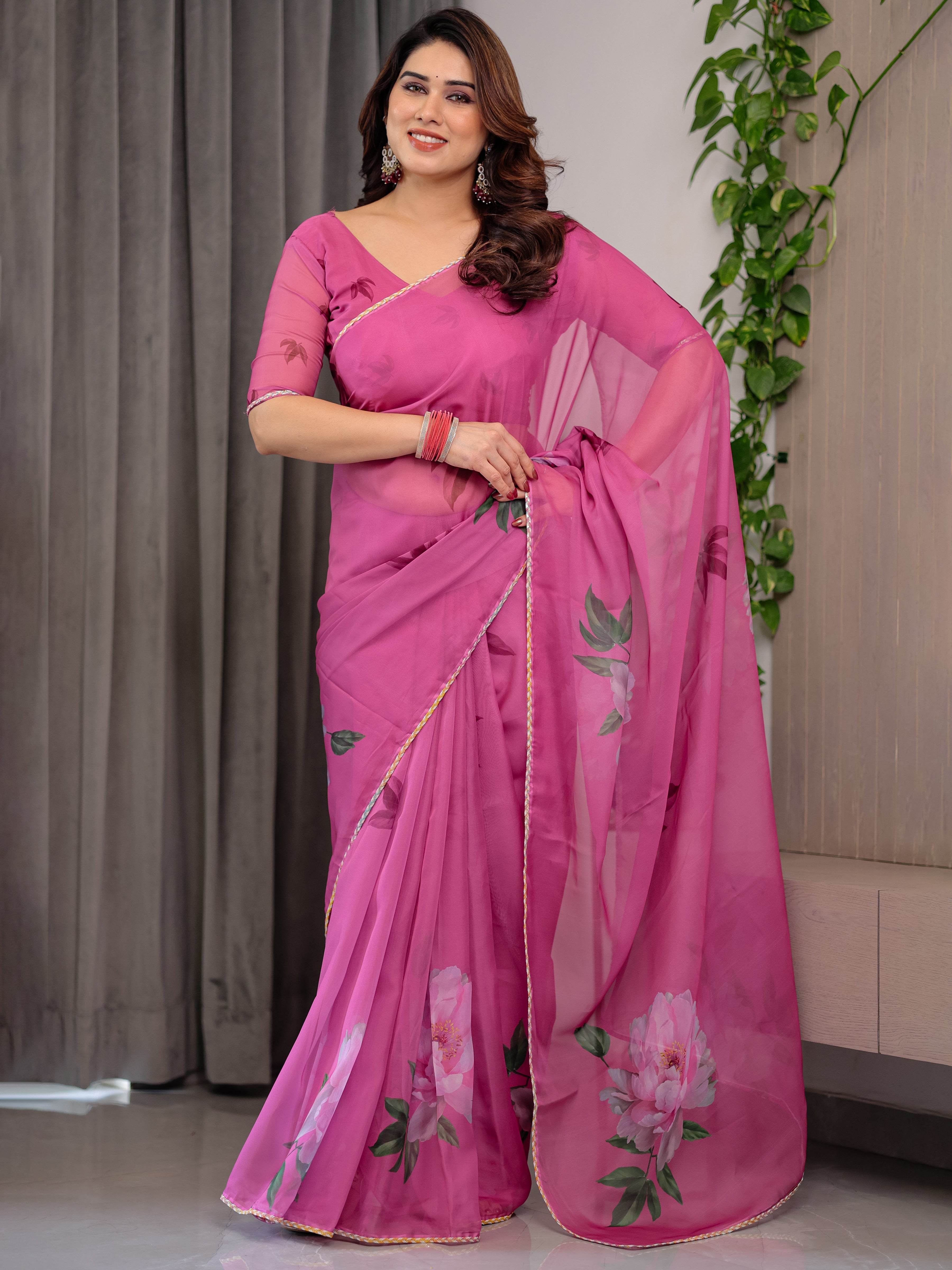Rose Pink Floral Printed Organza Saree with Multicolour Lace Border | Designer Lightweight Organza Saree with Attached Blouse Piece | Elegant Festive & Party Wear Saree