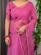 Rose Pink Floral Printed Organza Saree with Multicolour Lace Border | Designer Lightweight Organza Saree with Attached Blouse Piece | Elegant Festive & Party Wear Saree