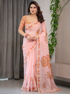 Peach Pink Mandala Printed Organza Saree with Multicolour Lace Border | Designer Lightweight Organza Saree with Attached Blouse Piece | Elegant Festive & Occasion Wear