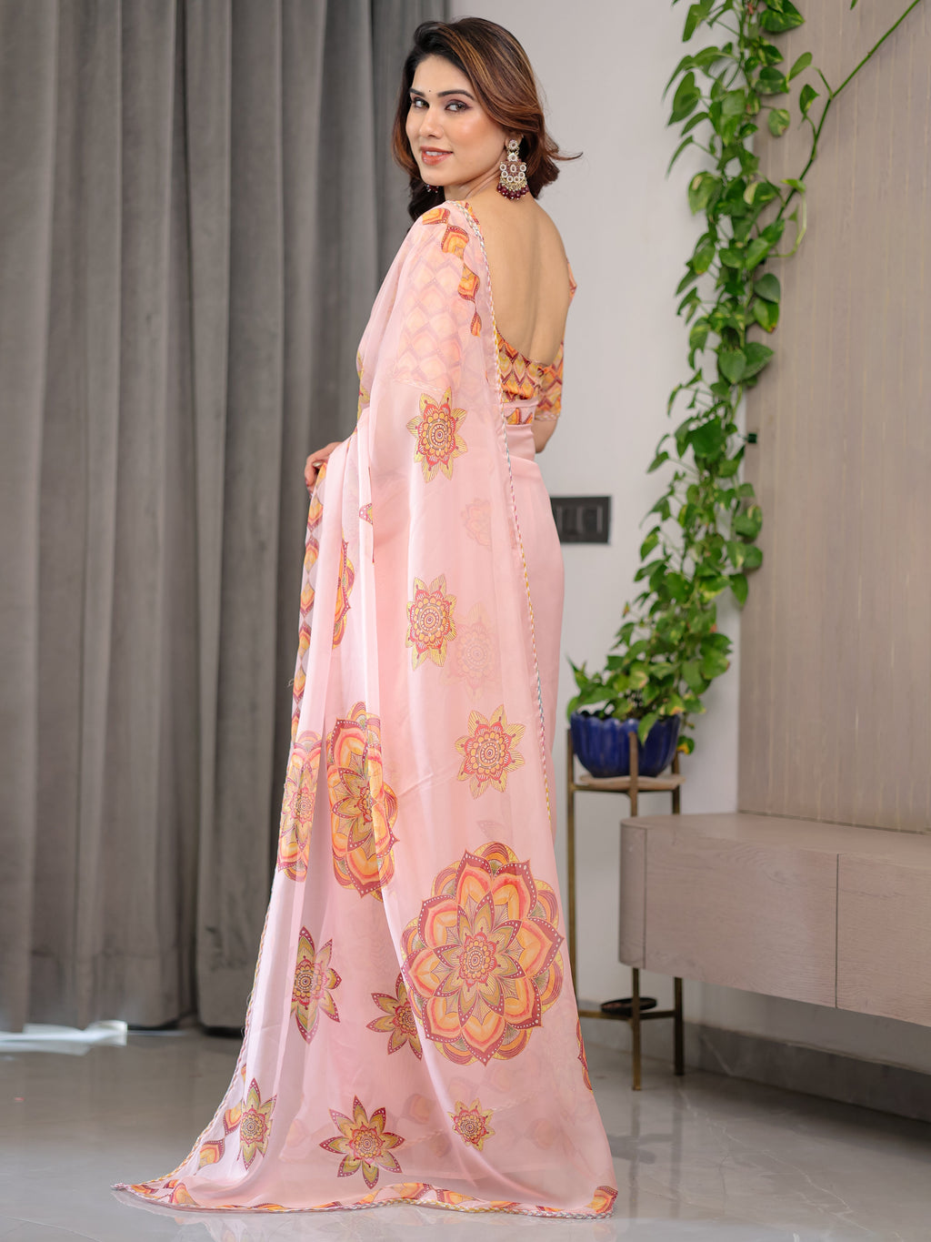 Peach Pink Mandala Printed Organza Saree with Multicolour Lace Border | Designer Lightweight Organza Saree with Attached Blouse Piece | Elegant Festive & Occasion Wear