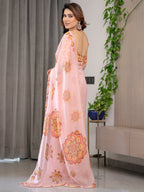Peach Pink Mandala Printed Organza Saree with Multicolour Lace Border | Designer Lightweight Organza Saree with Attached Blouse Piece | Elegant Festive & Occasion Wear