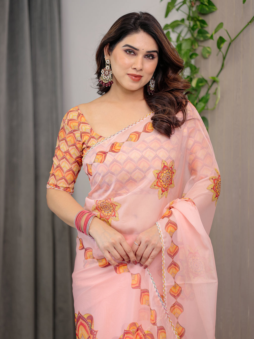 Peach Pink Mandala Printed Organza Saree with Multicolour Lace Border | Designer Lightweight Organza Saree with Attached Blouse Piece | Elegant Festive & Occasion Wear