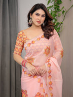 Peach Pink Mandala Printed Organza Saree with Multicolour Lace Border | Designer Lightweight Organza Saree with Attached Blouse Piece | Elegant Festive & Occasion Wear
