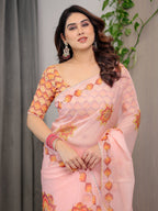 Peach Pink Mandala Printed Organza Saree with Multicolour Lace Border | Designer Lightweight Organza Saree with Attached Blouse Piece | Elegant Festive & Occasion Wear