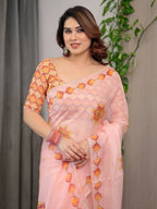 Peach Pink Mandala Printed Organza Saree with Multicolour Lace Border | Designer Lightweight Organza Saree with Attached Blouse Piece | Elegant Festive & Occasion Wear