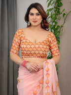 Peach Pink Mandala Printed Organza Saree with Multicolour Lace Border | Designer Lightweight Organza Saree with Attached Blouse Piece | Elegant Festive & Occasion Wear