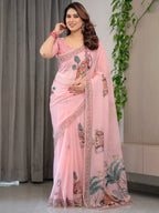Blush Pink Printed Organza Saree with Royal Elephant Motifs & Floral Border | Designer Lightweight Organza Saree with Attached Blouse Piece | Festive & Ethnic Wear Saree