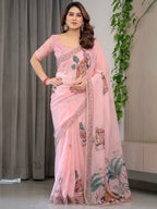 Blush Pink Printed Organza Saree with Royal Elephant Motifs & Floral Border | Designer Lightweight Organza Saree with Attached Blouse Piece | Festive & Ethnic Wear Saree