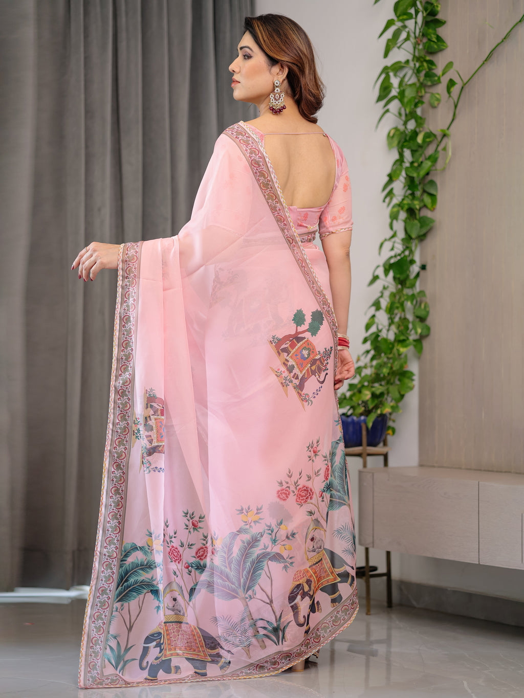 Blush Pink Printed Organza Saree with Royal Elephant Motifs & Floral Border | Designer Lightweight Organza Saree with Attached Blouse Piece | Festive & Ethnic Wear Saree