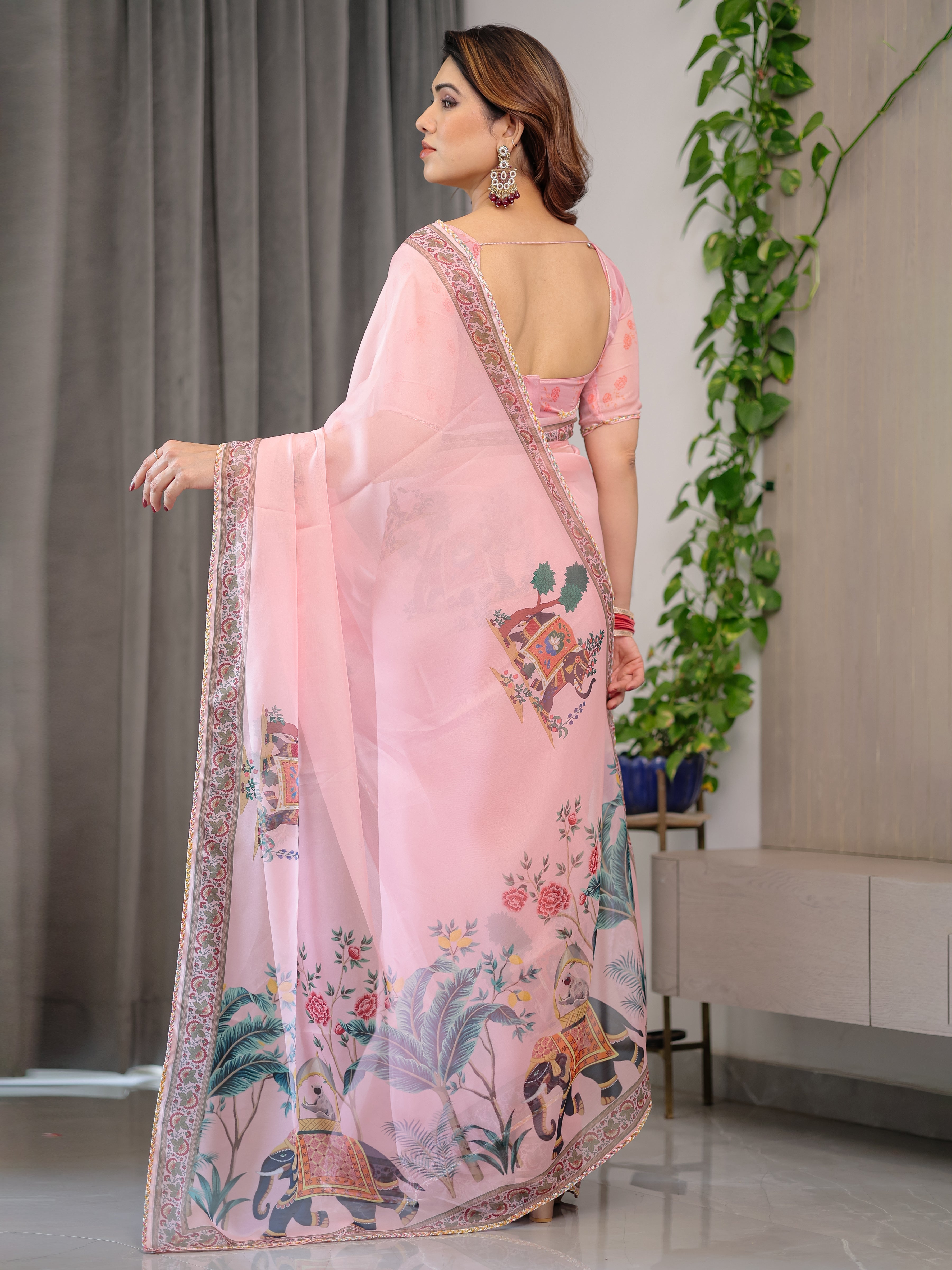 Blush Pink Printed Organza Saree with Royal Elephant Motifs & Floral Border | Designer Lightweight Organza Saree with Attached Blouse Piece | Festive & Ethnic Wear Saree