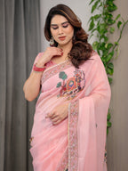Blush Pink Printed Organza Saree with Royal Elephant Motifs & Floral Border | Designer Lightweight Organza Saree with Attached Blouse Piece | Festive & Ethnic Wear Saree
