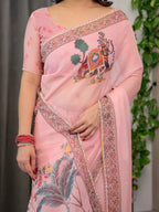 Blush Pink Printed Organza Saree with Royal Elephant Motifs & Floral Border | Designer Lightweight Organza Saree with Attached Blouse Piece | Festive & Ethnic Wear Saree