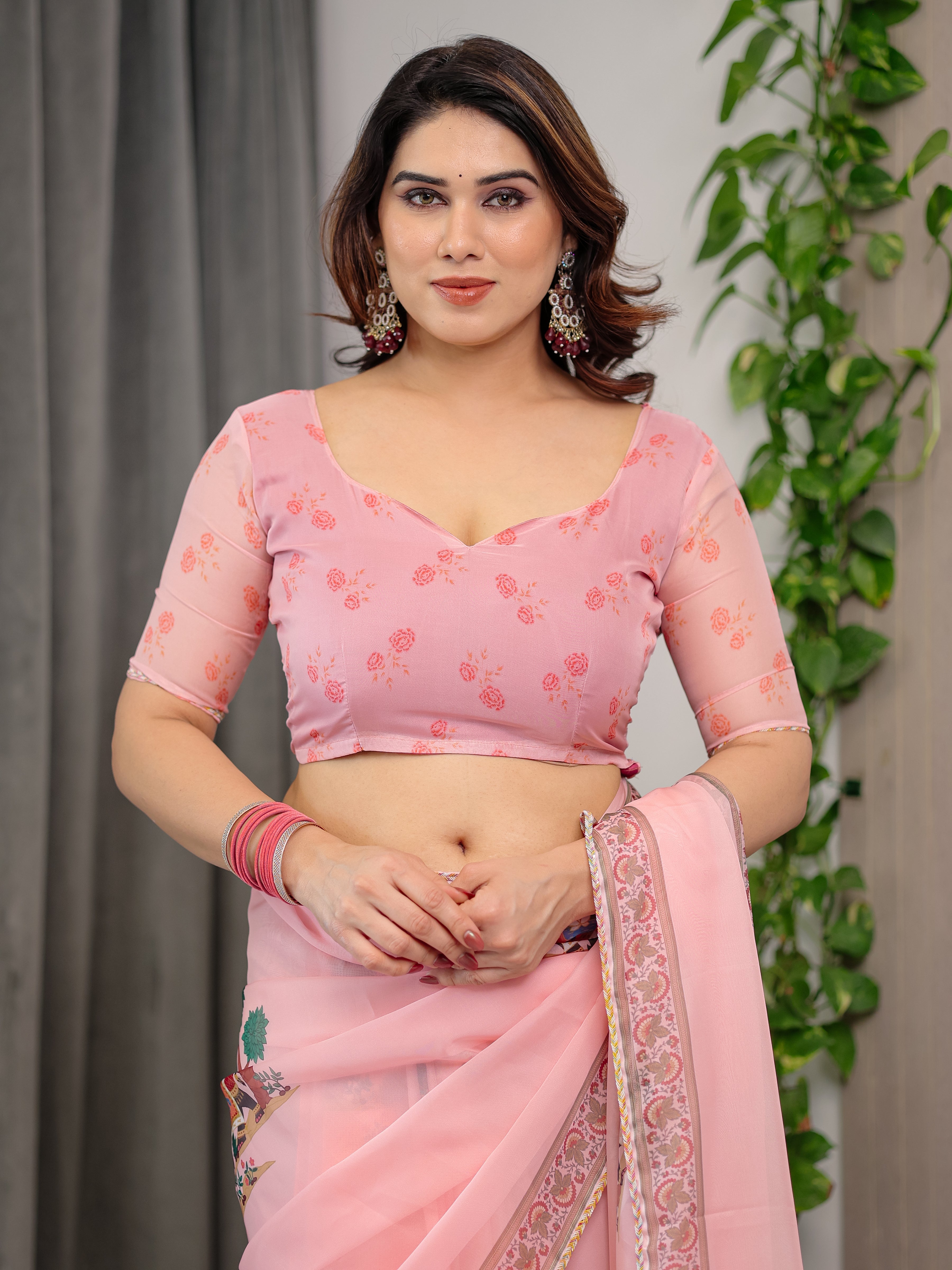 Blush Pink Printed Organza Saree with Royal Elephant Motifs & Floral Border | Designer Lightweight Organza Saree with Attached Blouse Piece | Festive & Ethnic Wear Saree