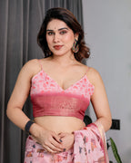 Blush Pink Handloom Linen Saree with Lotus Motif Printed Pallu & Zari Border | 5.5m Saree + 0.8m Blouse | Elegant Tassel Finish