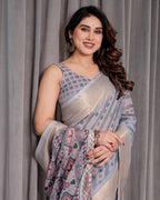 Pastel Grey Handloom Linen Saree with Multicolor Tribal Geometric Pallu & Zari Border | Tassels | 5.5m Saree + 0.8m Blouse