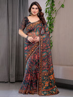 Black Printed Organza Saree with Floral & Traditional Motifs and Multicolour Lace Border | Designer Lightweight Organza Saree with Attached Blouse Piece | Festive & Party Wear Saree