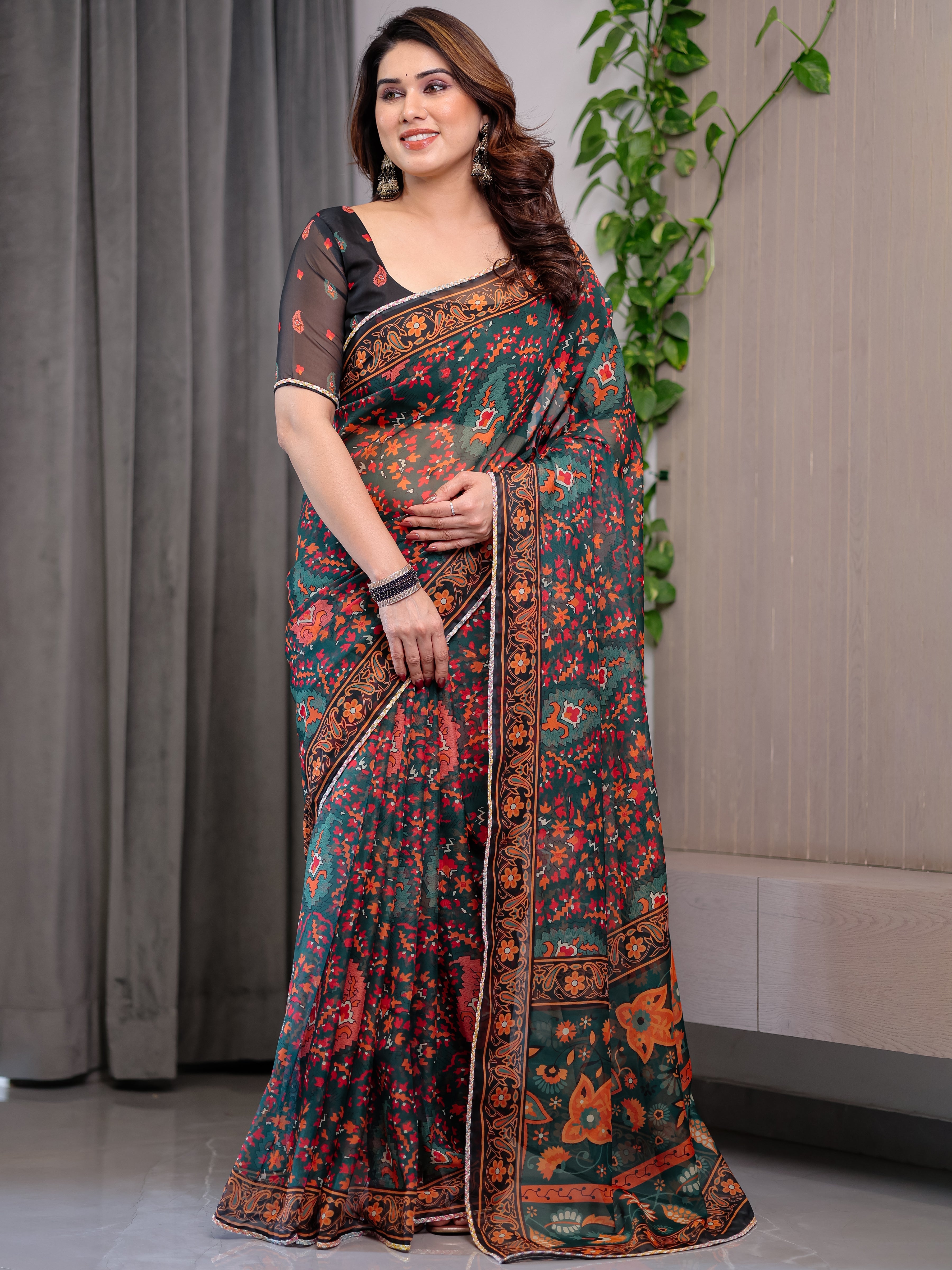 Black Printed Organza Saree with Floral & Traditional Motifs and Multicolour Lace Border | Designer Lightweight Organza Saree with Attached Blouse Piece | Festive & Party Wear Saree