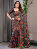 Black Printed Organza Saree with Floral & Traditional Motifs and Multicolour Lace Border | Designer Lightweight Organza Saree with Attached Blouse Piece | Festive & Party Wear Saree