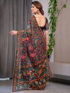 Black Printed Organza Saree with Floral & Traditional Motifs and Multicolour Lace Border | Designer Lightweight Organza Saree with Attached Blouse Piece | Festive & Party Wear Saree
