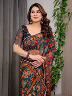 Black Printed Organza Saree with Floral & Traditional Motifs and Multicolour Lace Border | Designer Lightweight Organza Saree with Attached Blouse Piece | Festive & Party Wear Saree