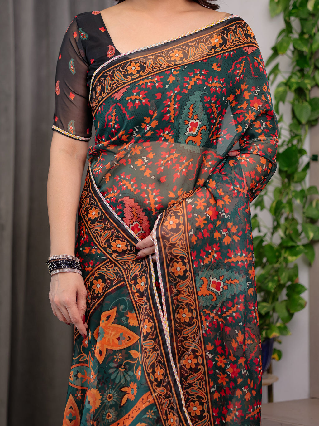 Black Printed Organza Saree with Floral & Traditional Motifs and Multicolour Lace Border | Designer Lightweight Organza Saree with Attached Blouse Piece | Festive & Party Wear Saree