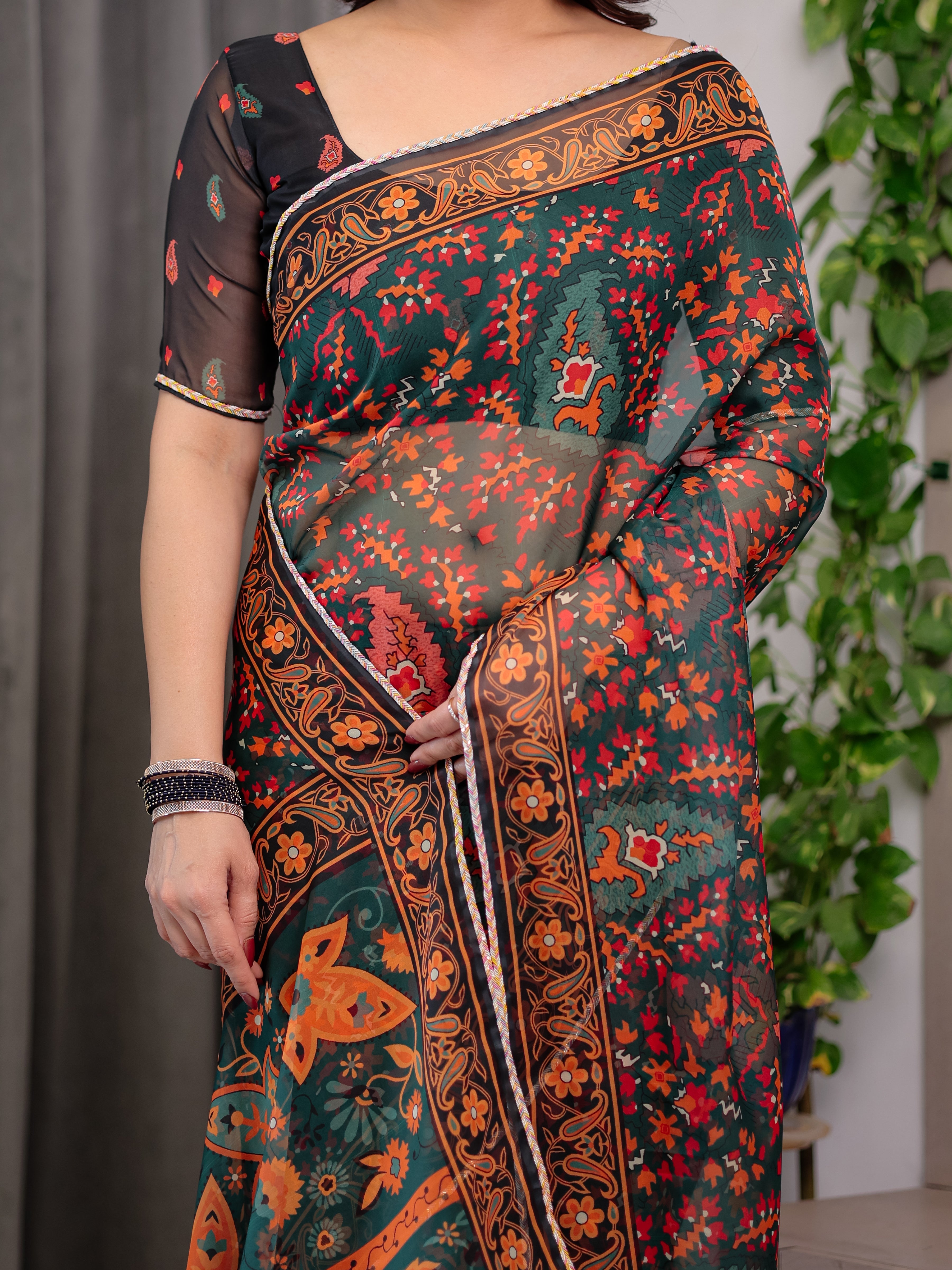 Black Printed Organza Saree with Floral & Traditional Motifs and Multicolour Lace Border | Designer Lightweight Organza Saree with Attached Blouse Piece | Festive & Party Wear Saree