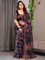 Black Floral Printed Organza Saree with Ethnic Border & Ornamental Pallu | Designer Sheer Organza Saree with Traditional Motifs & Blouse Piece | Elegant Festive & Party Wear Saree