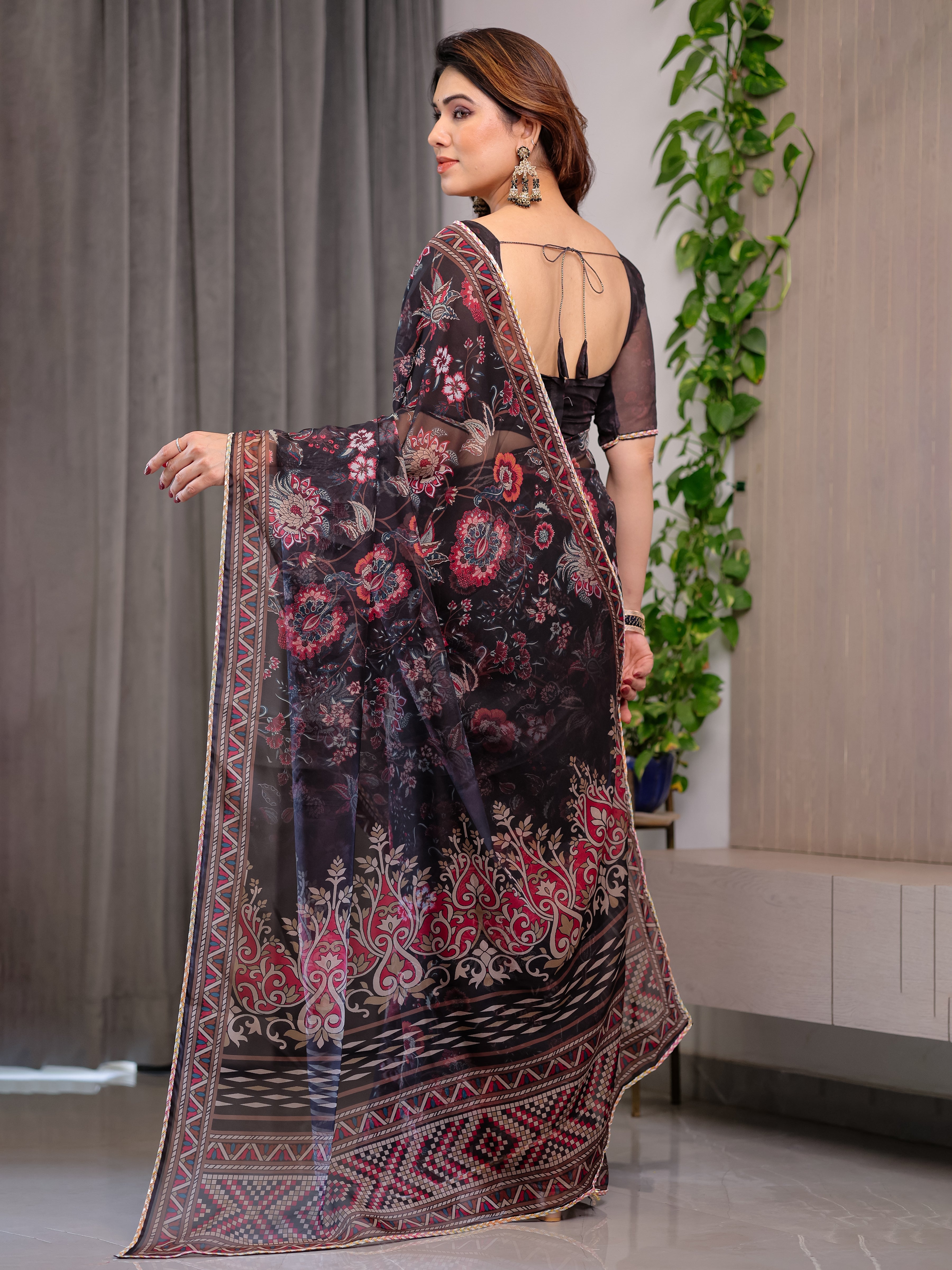 Black Floral Printed Organza Saree with Ethnic Border & Ornamental Pallu | Designer Sheer Organza Saree with Traditional Motifs & Blouse Piece | Elegant Festive & Party Wear Saree