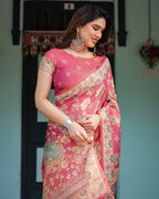 Rosy Pink with Intricate Floral Motifs Linen Cotton Handloom Printed Saree, Peacock Pallu, and Tassels