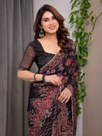 Black Floral Printed Organza Saree with Ethnic Border & Ornamental Pallu | Designer Sheer Organza Saree with Traditional Motifs & Blouse Piece | Elegant Festive & Party Wear Saree