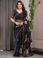 Elegant Black Floral Printed Organza Saree with Rose Motifs | Lightweight Designer Sheer Saree with Attached Blouse Piece | Party Wear & Evening Ethnic Saree