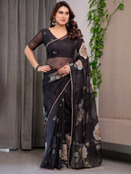 Elegant Black Floral Printed Organza Saree with Rose Motifs | Lightweight Designer Sheer Saree with Attached Blouse Piece | Party Wear & Evening Ethnic Saree