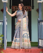 Steel Blue with Floral Patterns Linen Cotton Handloom Printed Saree, Heritage-Inspired Pallu, and Tassels