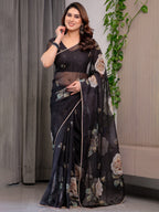 Elegant Black Floral Printed Organza Saree with Rose Motifs | Lightweight Designer Sheer Saree with Attached Blouse Piece | Party Wear & Evening Ethnic Saree