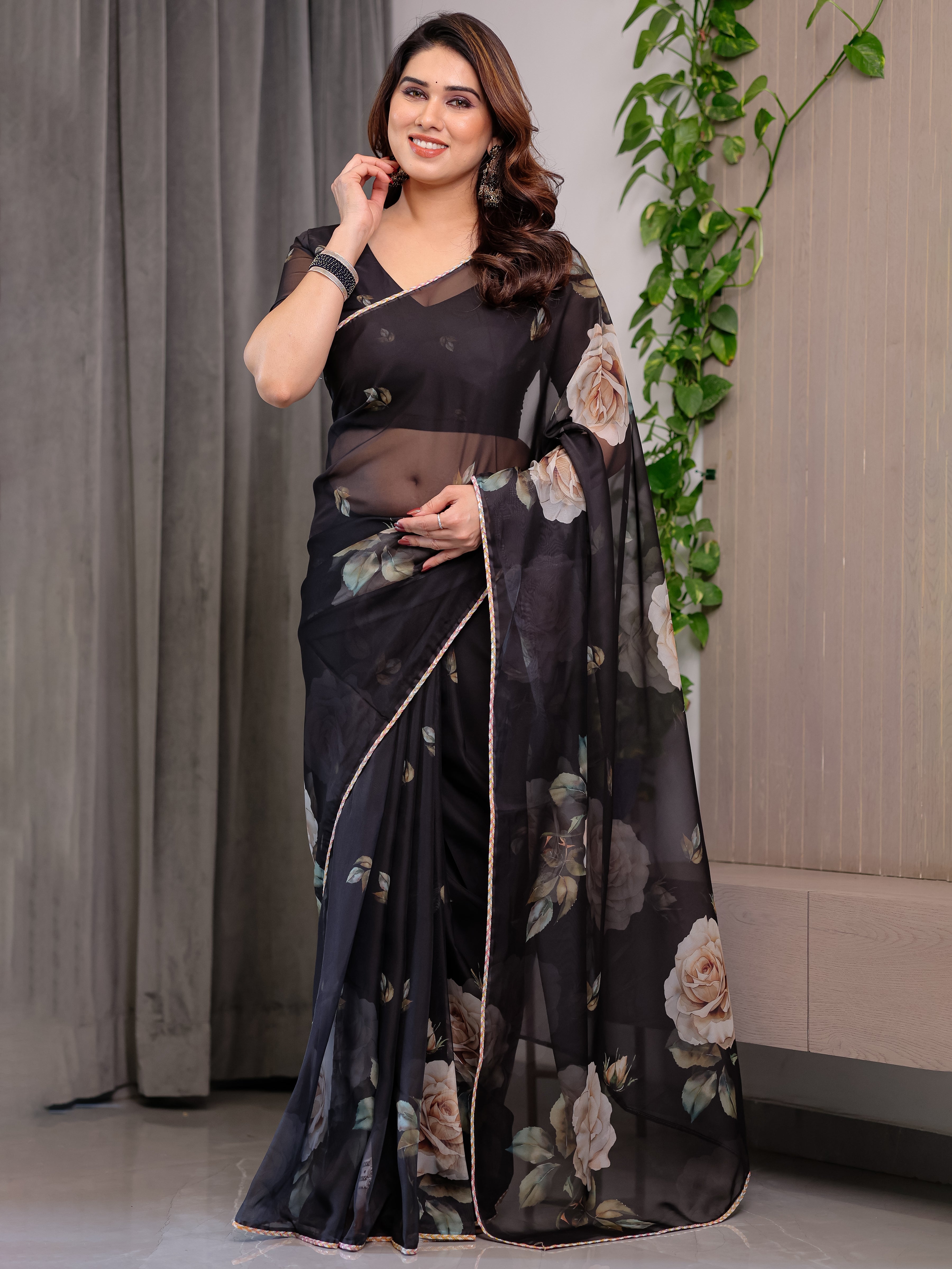 Elegant Black Floral Printed Organza Saree with Rose Motifs | Lightweight Designer Sheer Saree with Attached Blouse Piece | Party Wear & Evening Ethnic Saree