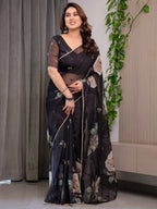 Elegant Black Floral Printed Organza Saree with Rose Motifs | Lightweight Designer Sheer Saree with Attached Blouse Piece | Party Wear & Evening Ethnic Saree