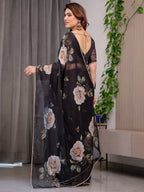 Elegant Black Floral Printed Organza Saree with Rose Motifs | Lightweight Designer Sheer Saree with Attached Blouse Piece | Party Wear & Evening Ethnic Saree