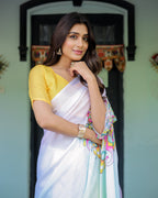 White Designer Freehand Saree with Multicolor Art Pallu & Yellow Blouse | Satin Georgette | Handsfree Draping Feature