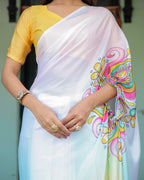 White Designer Freehand Saree with Multicolor Art Pallu & Yellow Blouse | Satin Georgette | Handsfree Draping Feature