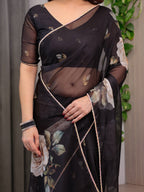 Elegant Black Floral Printed Organza Saree with Rose Motifs | Lightweight Designer Sheer Saree with Attached Blouse Piece | Party Wear & Evening Ethnic Saree