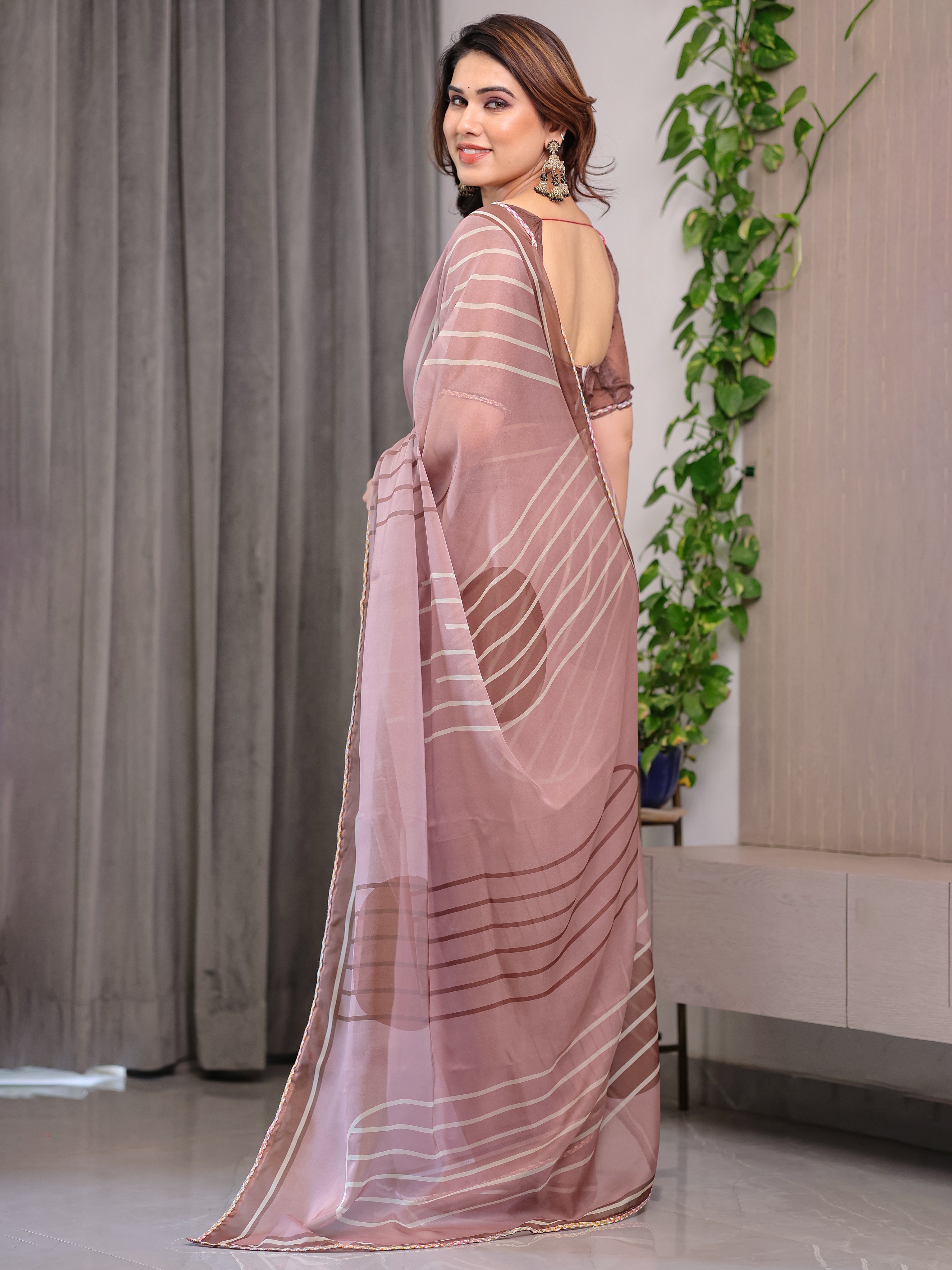 Dusty Rose Geometric Printed Organza Saree with Multicolour Lace Border | Designer Lightweight Organza Saree with Attached Blouse Piece | Elegant Contemporary Festive Saree