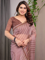Dusty Rose Geometric Printed Organza Saree with Multicolour Lace Border | Designer Lightweight Organza Saree with Attached Blouse Piece | Elegant Contemporary Festive Saree