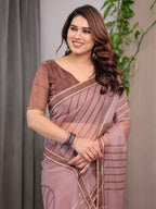 Dusty Rose Geometric Printed Organza Saree with Multicolour Lace Border | Designer Lightweight Organza Saree with Attached Blouse Piece | Elegant Contemporary Festive Saree