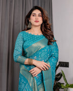 Teal Blue Handloom Linen Printed Saree with Rose Motifs & Zari Border | Pallu with Buttis & Tassels | 5.5m Saree + 0.8m Blouse